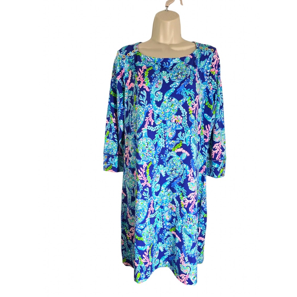Lilly Pulitzer Hollee Dress XL Turtley Awesome Blue Pink Sea Turtle Knit Shift